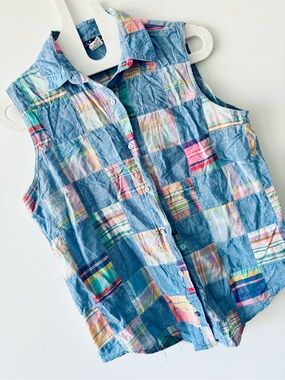 Vintage Sleeveless Patchwork Button-Up Shirt cotton sleeveless boho blouse